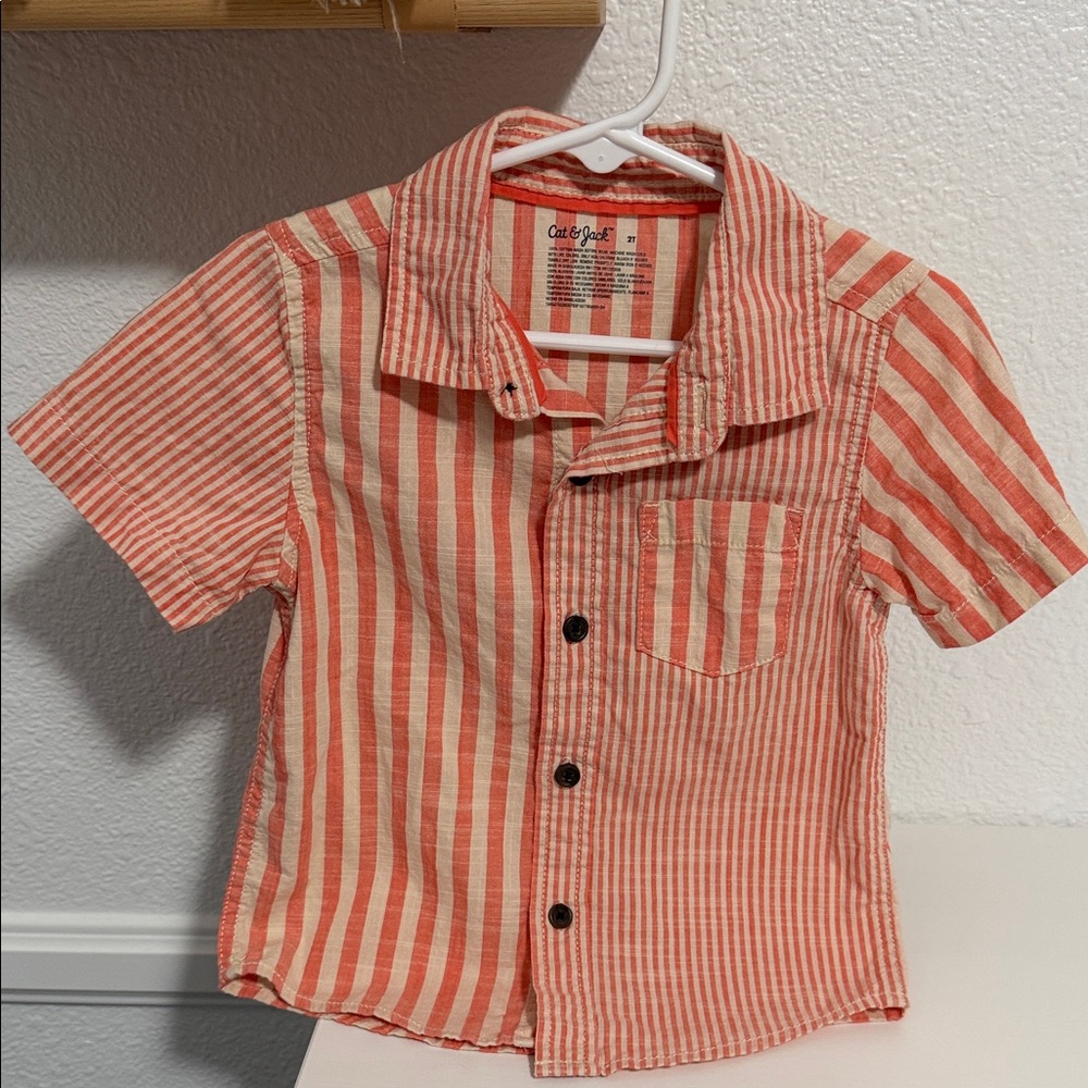 Cat & Jack Coral and Cream Striped Short-Sleeve Button-Down Shirt